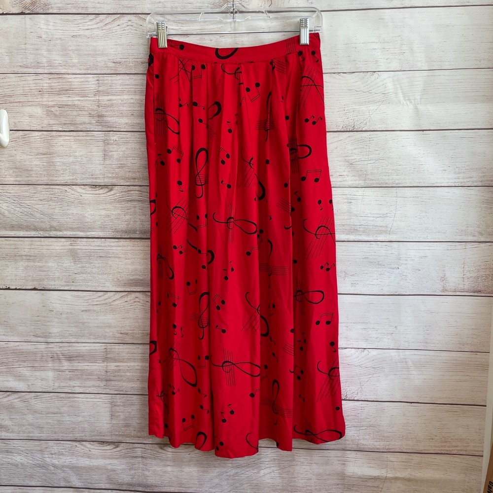 VINTAGE JIMMY GARCIA RED MIDI SKIRT IN MUSICAL NOTES PRINT
